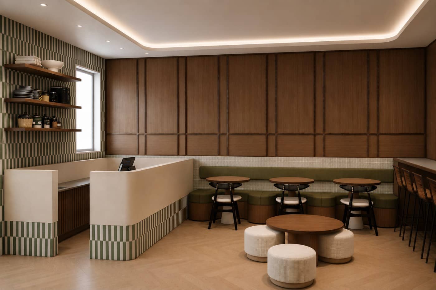 Cafetería con azulejo a rayas y banca de madera
