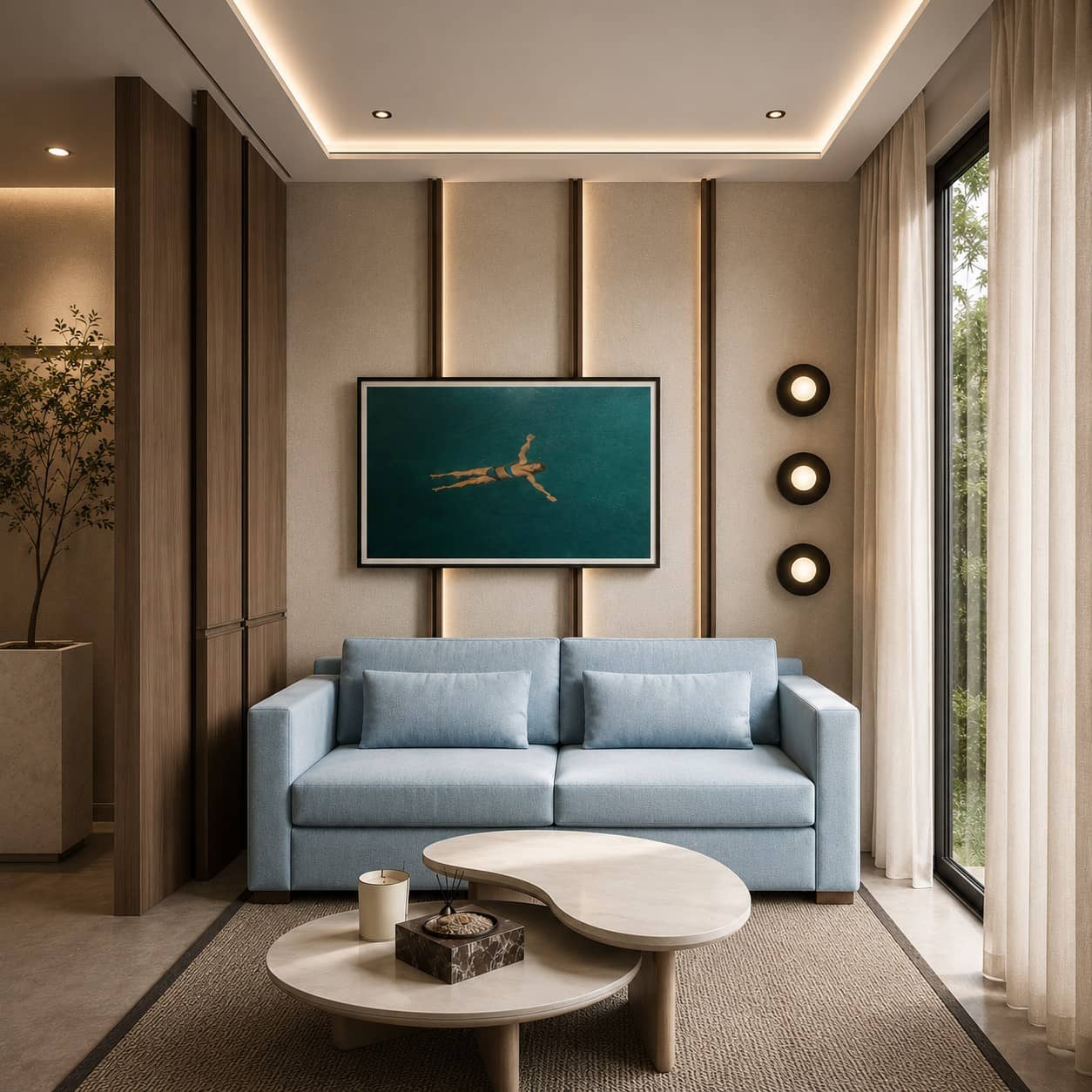 Sala con sofá azul y paneles de madera nogal