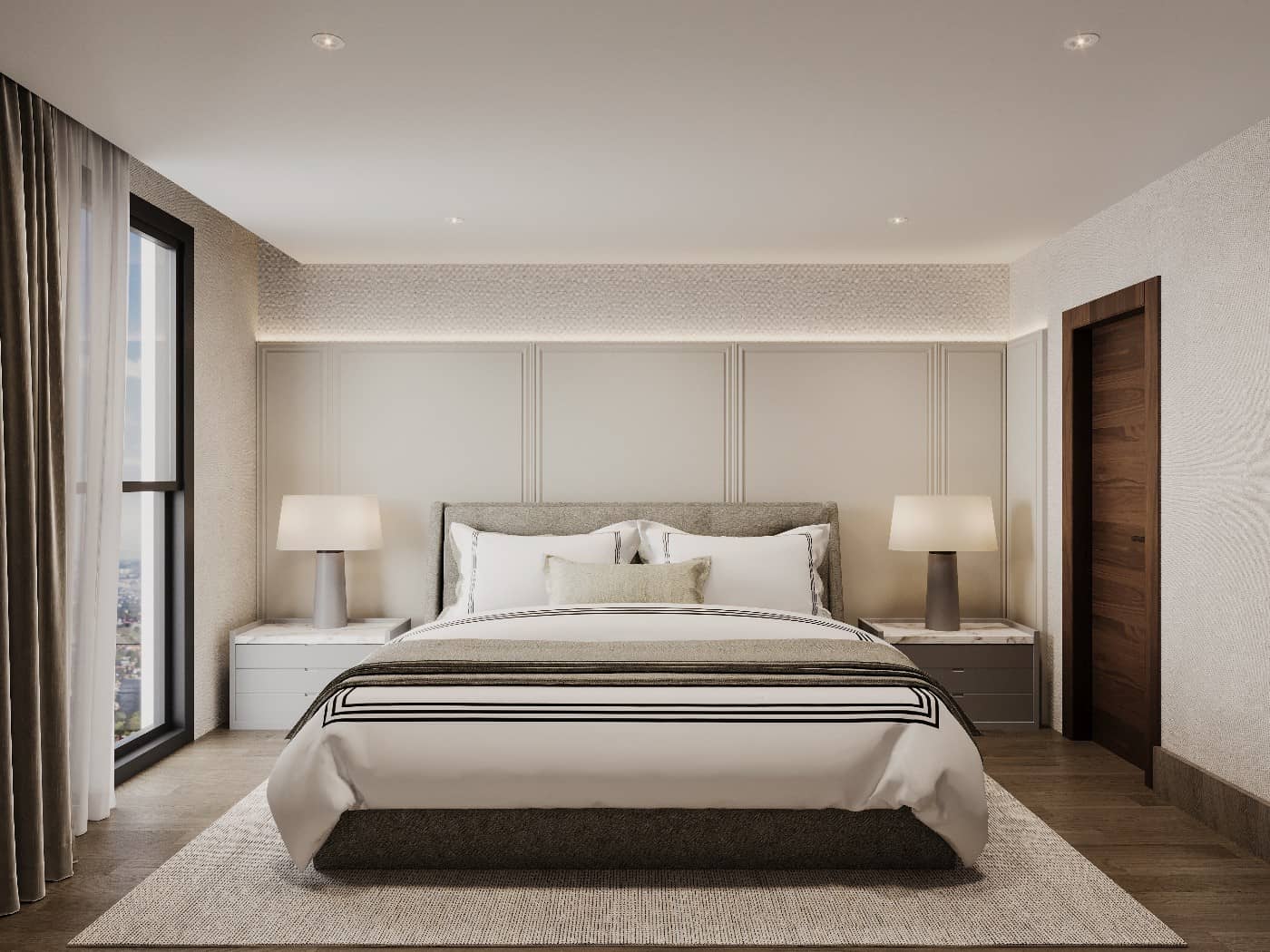 Recámara con cabecera gris y ventanal de piso a techo